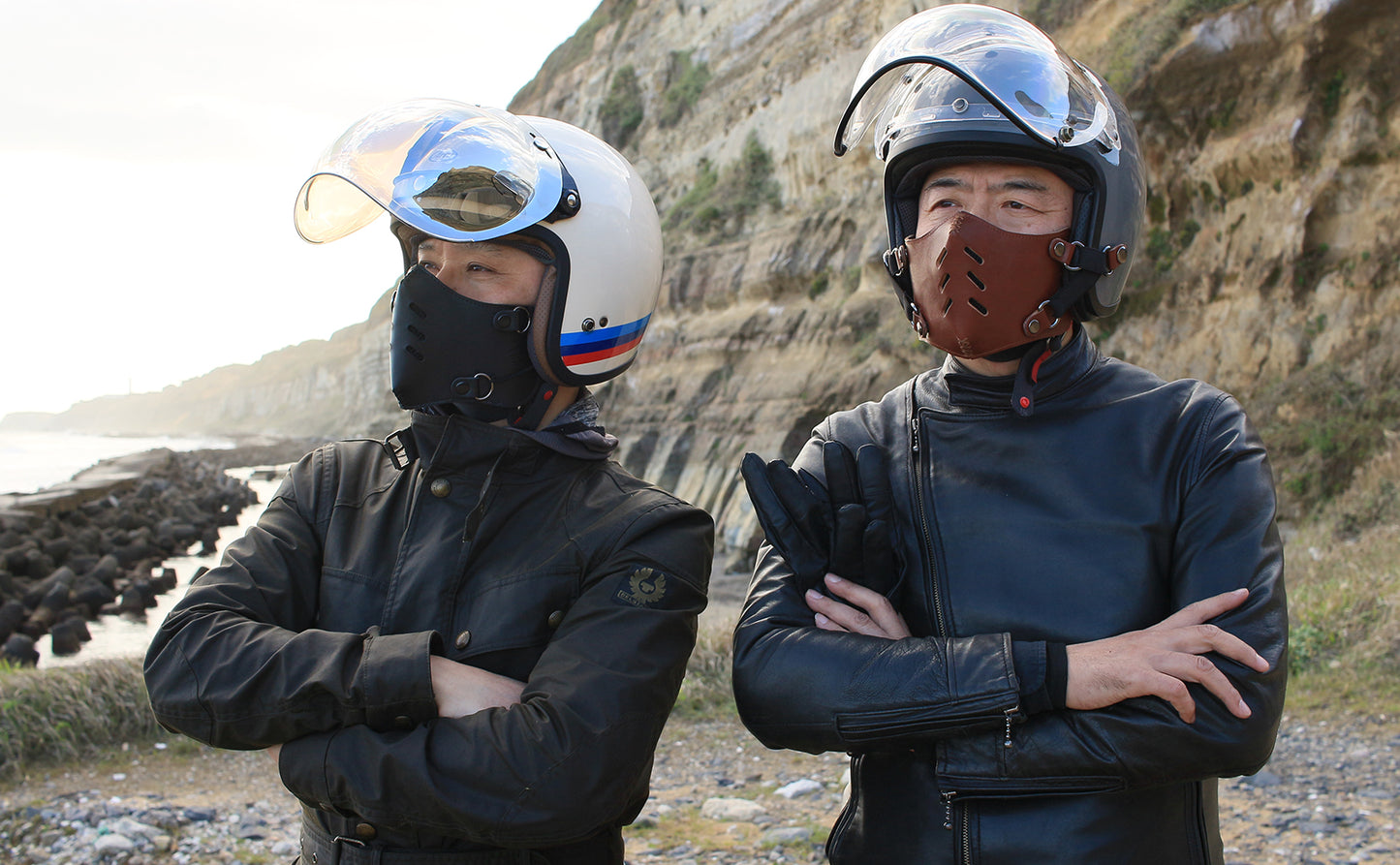 【予約販売】ライダーの顔を厳つく格好良く！本革フェイスマスク ジェットヘルメット取付 マスク装着が選べる