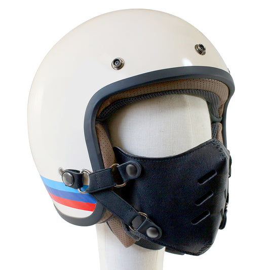 ライダーの顔を格好良く守る！防寒、虫、飛び石避け本革フェイスマスク RAVEN（6スリット） ジェットヘルメット取付 マスク装着が選べる