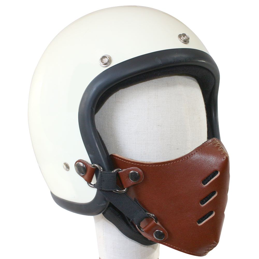 ライダーの顔を格好良く守る！防寒、虫、飛び石避け本革フェイスマスク RAVEN（6スリット） ジェットヘルメット取付 マスク装着が選べる