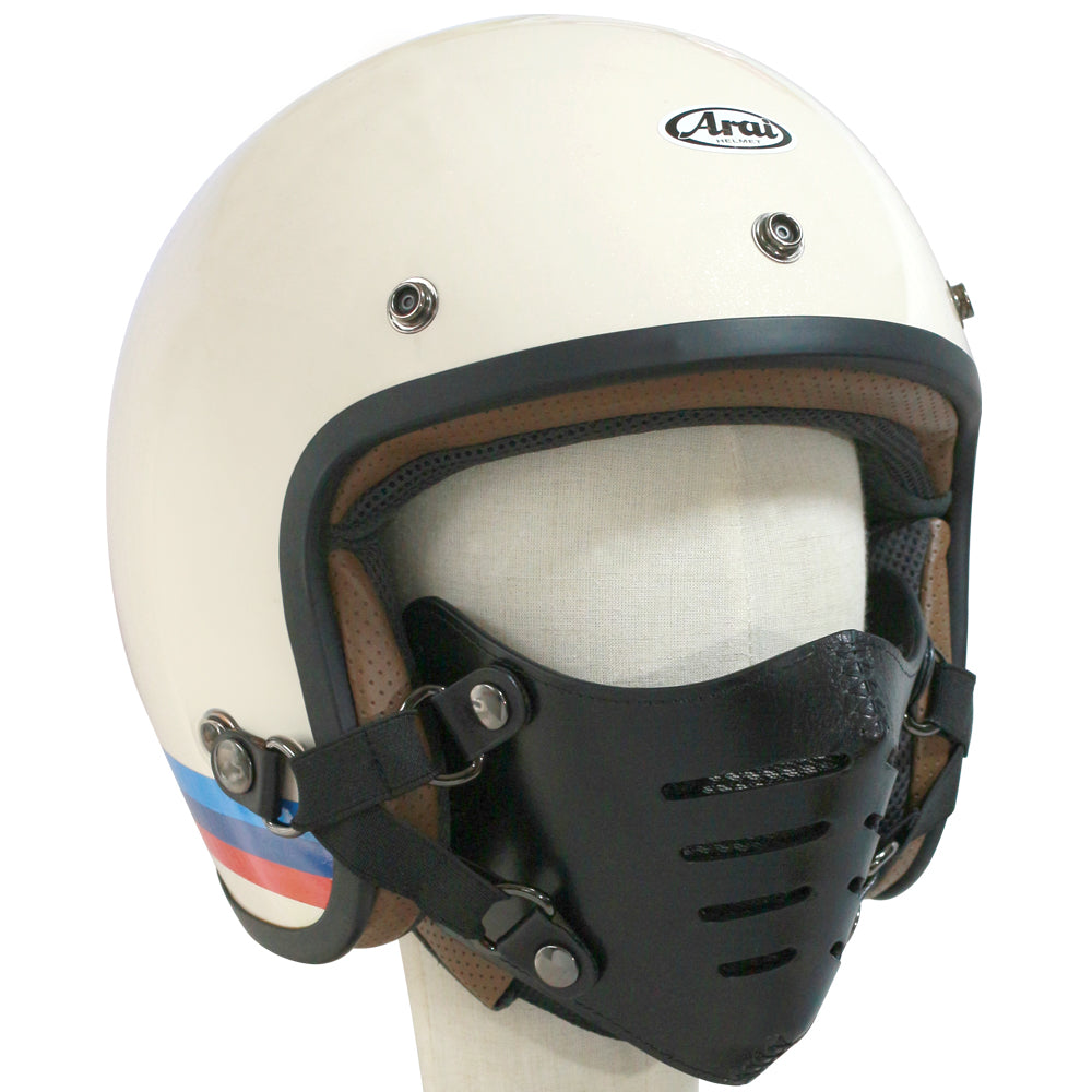 ライダーの顔を格好良く守る！防寒、虫、飛び石避け 本革フェイスマスク Bobber Nose（8スリット） ジェットヘルメット取付 マスク装着が選べる