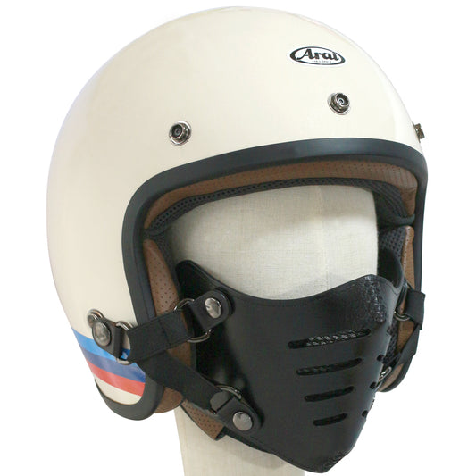 【次回入荷2026年2月】ライダーの顔を格好良く守る！防寒、虫、飛び石避け 本革フェイスマスク Bobber Nose（8スリット） ジェットヘルメット取付 マスク装着が選べる