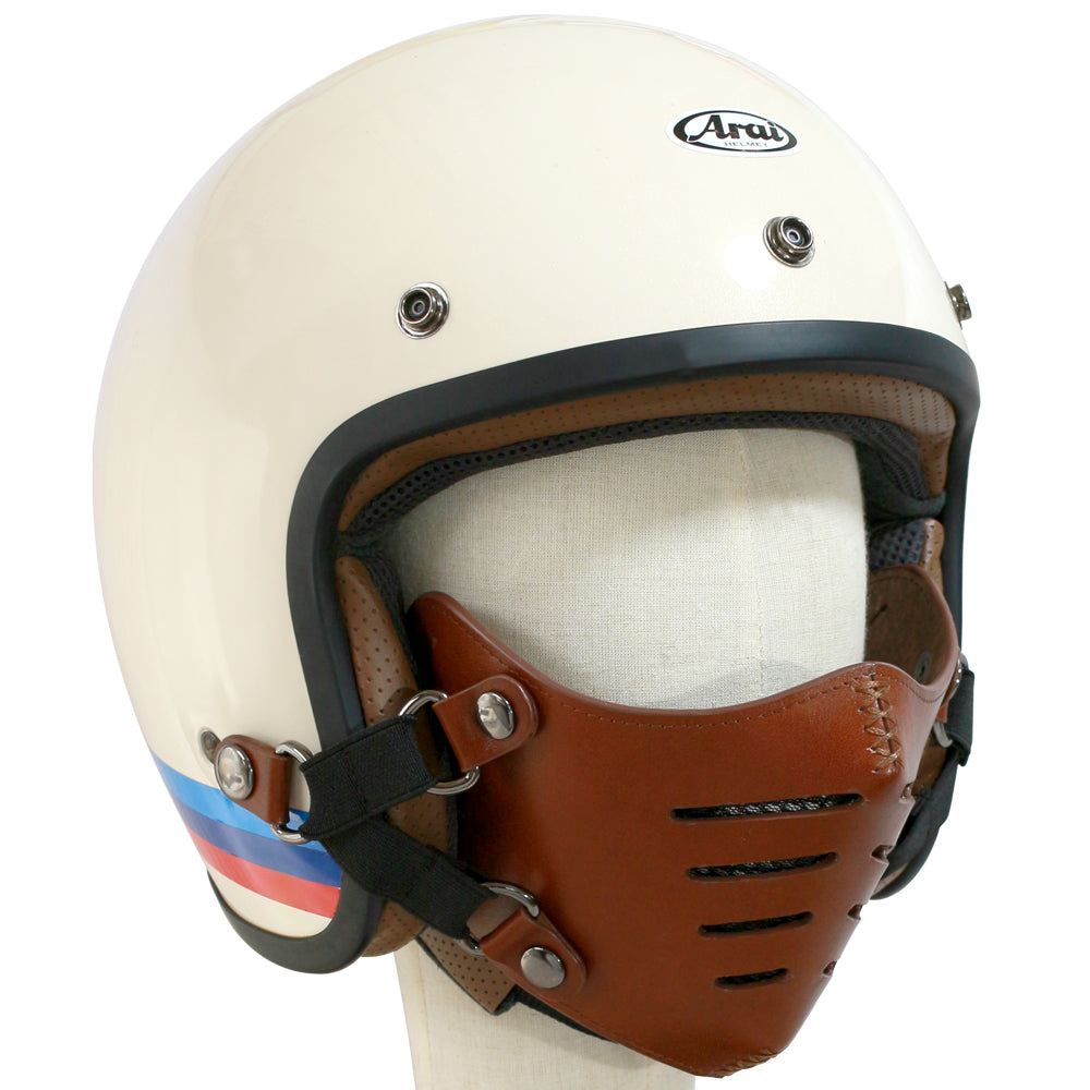 ライダーの顔を格好良く守る！防寒、虫、飛び石避け 本革フェイスマスク Bobber Nose（8スリット） ジェットヘルメット取付 マスク装着が選べる