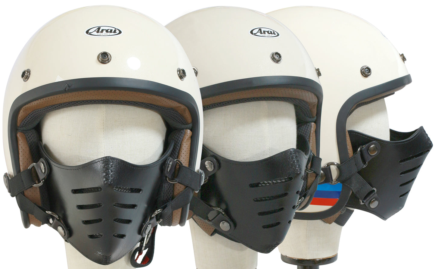 【次回入荷2026年１月】ライダーの顔を格好良く守る！防寒、虫、飛び石避け 本革フェイスマスク Bobber Nose（8スリット） ジェットヘルメット取付 マスク装着が選べる